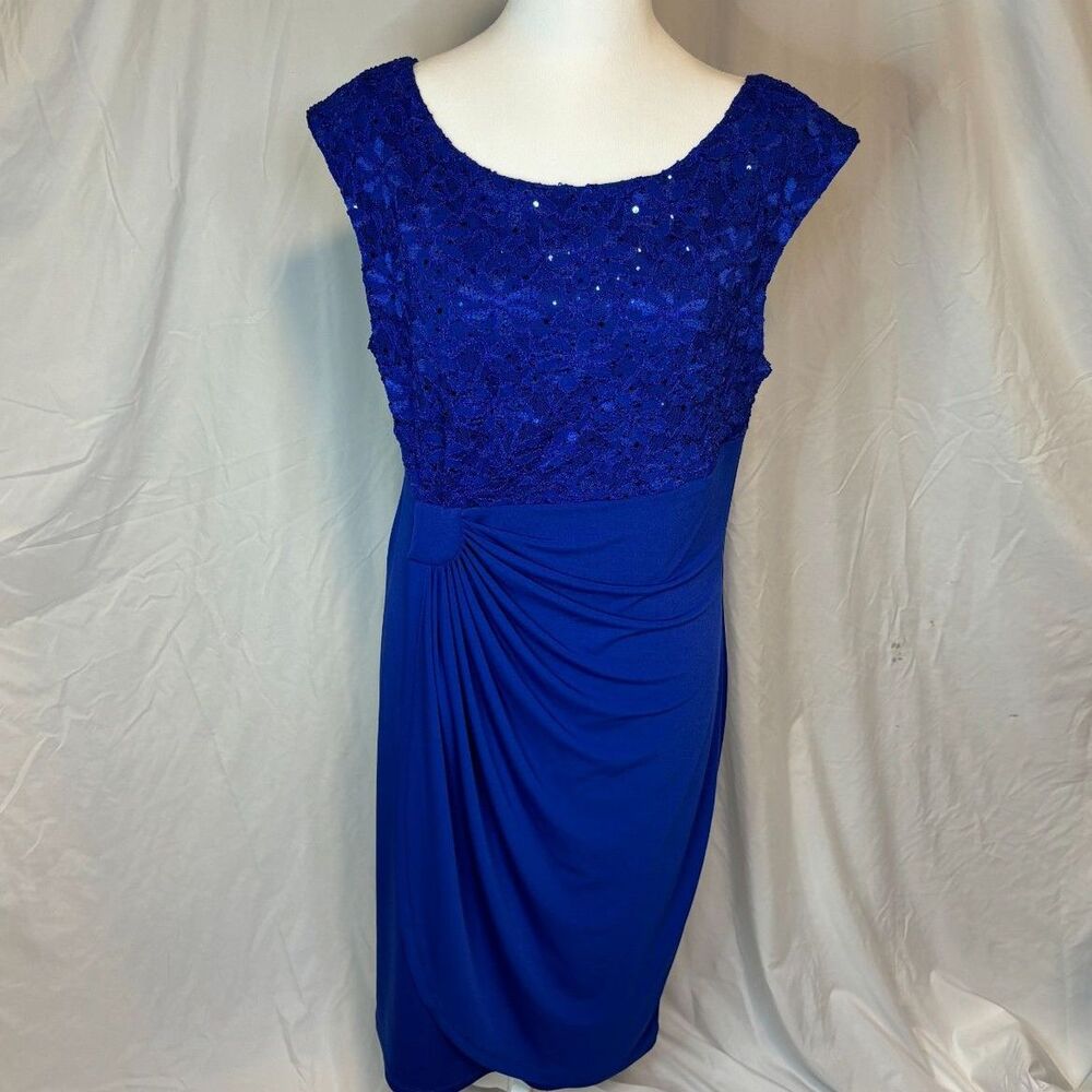 Connected Blue Floral Faux Wrap Lace Sequin Sleeveless Midi Dress Womens NWOT